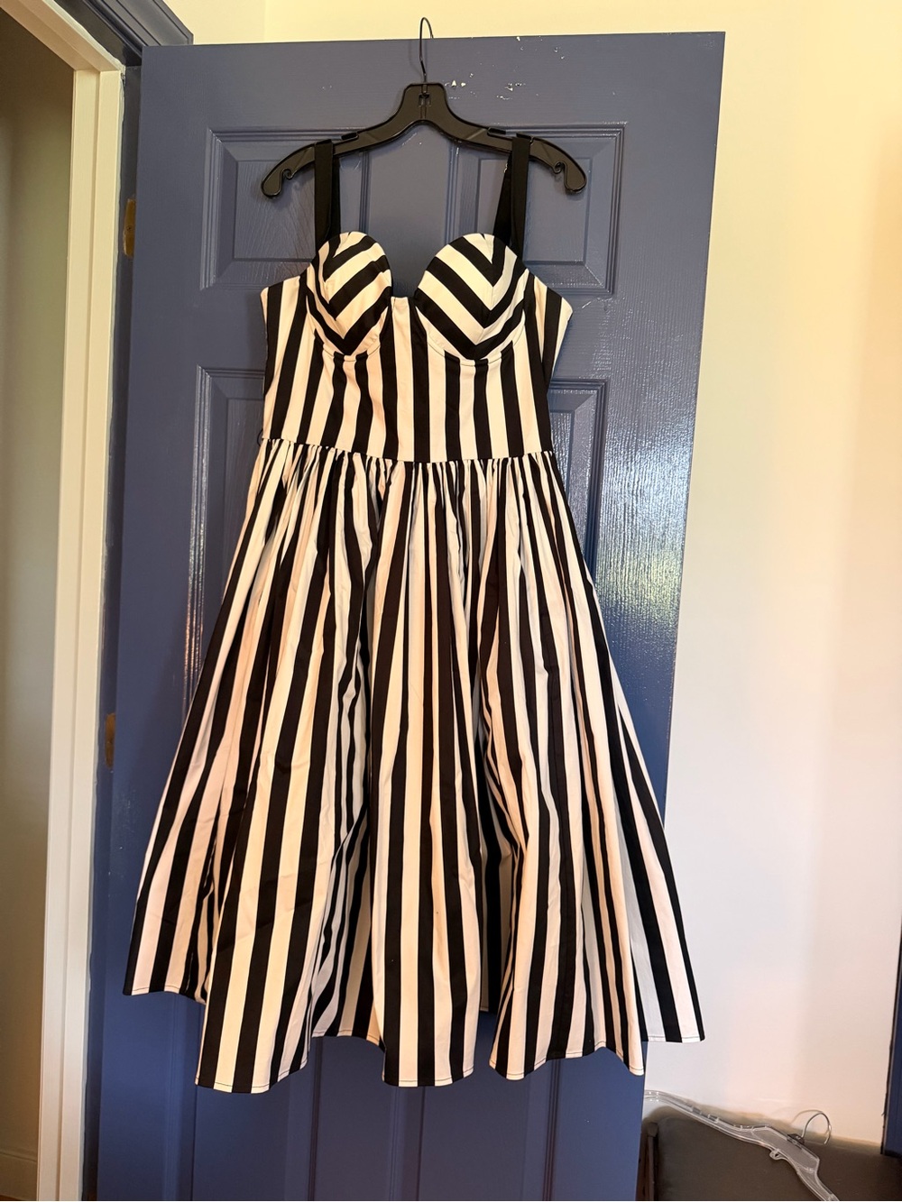 Arcadia Black and White Striped Sweetheart Midi Dress